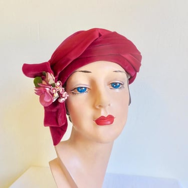 1950's Red Magenta Velvet and Satin Cloche Style Hat with Rose and Flowers 50's Fall Winter Millinery Rockabilly 