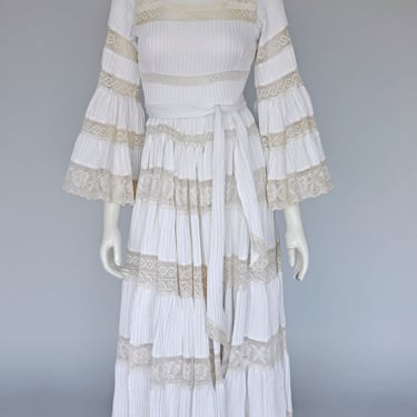 vintage 1960s white Mexican pleated maxi dress w/ angel sleeves XS 