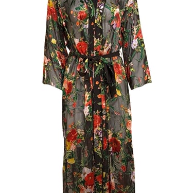 Alice & Olivia - Black & Multi Color Floral Semi Sheer Kimono Top Sz M/L