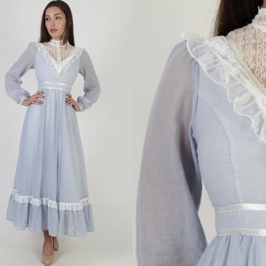 High Neck Powder Blue Gunne Sax Dress, 70s Victorian Era Prairie Gown, 1970s Jessica McClintock Voile Floral Lace Maxi 