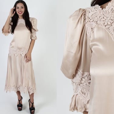 Plain Champagne Lace Deco Party Dress, Vintage 80s Puff Sleeve Victorian Gown, Elegant Silk Crochet Flapper Outfit 