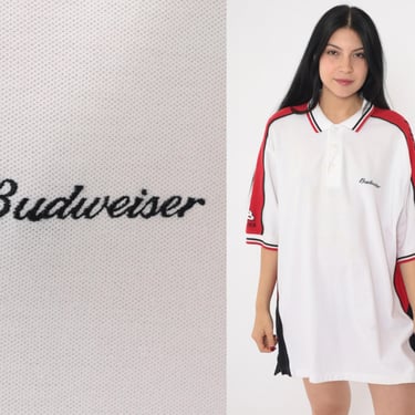 Vintage NASCAR Polo Shirt Y2K Budweiser Dale Earnhardt Jr Racing White Red Striped Collared Shirt Beer Half Button Up Short Sleeve 00s XL 