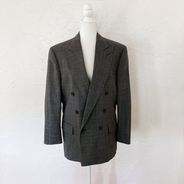80s/90s Evan Picone Gray Plaid Tailored Double Breasted Suit Blazer | Large/Extra Large 