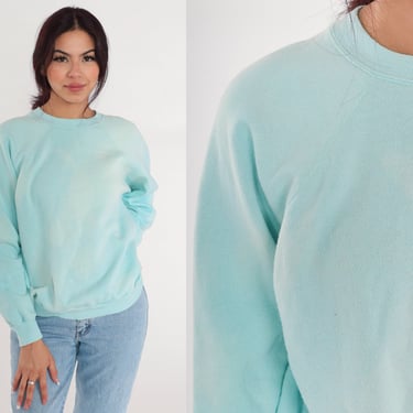 Faded Blue Sweatshirt 90s Light Aqua Raglan Sleeve Pullover Crewneck Sweatshirt Distressed Crew Neck Plain Basic Vintage 1990s Medium Large 