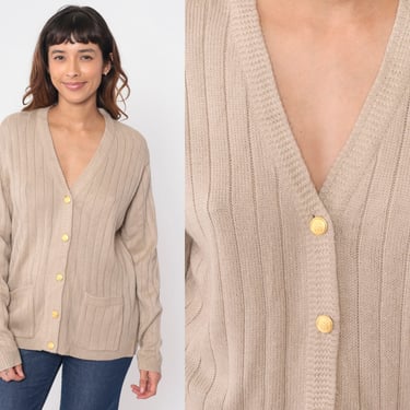 Taupe Cardigan 90s Button up Ribbed Knit Sweater Grunge Plain Basic V-Neck Retro Slouchy Fall Grandpa Cardigan Acrylic Vintage 1990s Small S 
