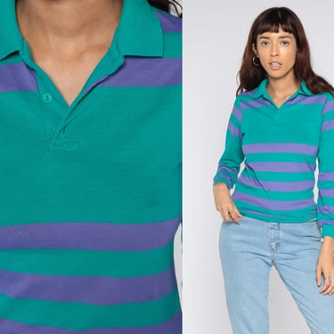 Striped Polo Shirt Teal Purple Long Sleeve Polo Shirt 80s Shirt Rugby Half Button Up Collared 1980s Retro Vintage Extra Small xs 