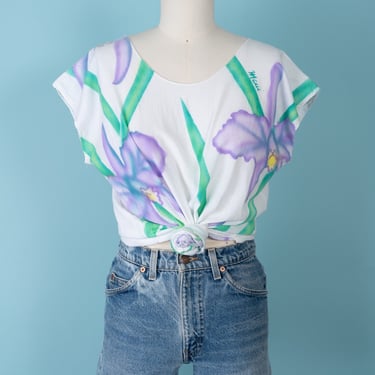 Vintage 80s Ajja Maui Active Artwear Airbrushed Iris Print Cotton Shirt 