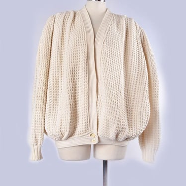 80's Cocoon Flapper style 100% Ivory Cotton Chunky Cardigan Sweater Jacket Vintage 1980's Oversized Medium 