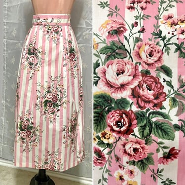 High Waist Skirt, Floral Stripe, Cottage Core, Mid Calf, Midi, Side Pockets, Vintage 70s 80s 