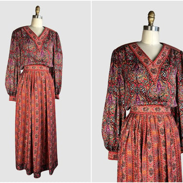 OSCAR De LA RENTA Miss O Vintage 80s Blouse and Skirt | 1980s Paisley Print Silk , Gypsy Boho 2 Piece Dress, Blouson Top | Small / Medium 