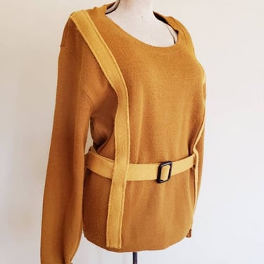 60s 70 Mustard Yellow Sweater Adjustable Belt Black Buckle / Vintage Ochre Wool Blend Pulllover Mens Womens Unisex Mod Boho / Xl Plus / Jan 