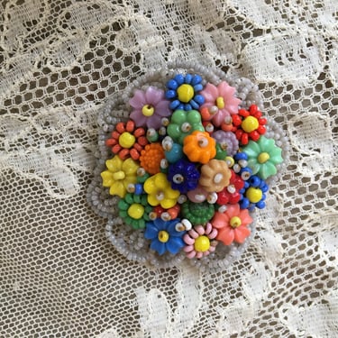Micro Seed Bead Floral Brooch, Tiny Beaded Flowers Pin, Vintage Colorful Pin, Miriam Haskell Style 
