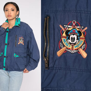 Reversible Mickey Jacket 90s Navy Blue Cargo Jacket Sailor Mickey Mouse Disney Coat Hidden Hood Packable Windbreaker Vintage 1990s Medium M 