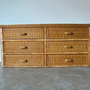 Vintage Boho Chic Palm Beach - Style Woven Wicker Six Drawer Dresser 