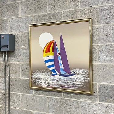 Vintage Sailboat Painting 1980s Retro Size 32x32 Contemporary + Howard Connelly + Yacht + On the Water + Acrylic + Canvas + JC Penny + Art 
