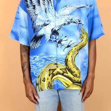 Vintage Y2K Blue Bird & Snake Print Short Sleeve Button Down Collar Shirt XL 90s 2000s 