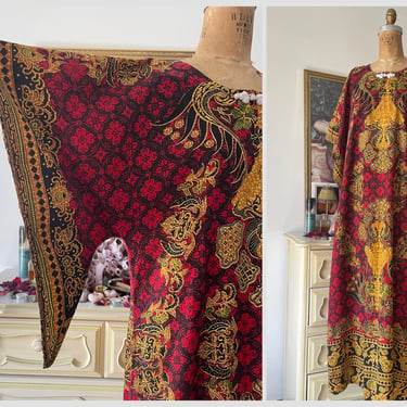 Vintage ‘70’s ‘80s cotton batik kaftan | angel sleeve caftan, boho maxi dress, festival dress, S/M 