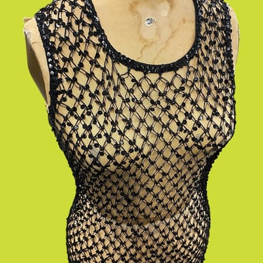 Vintage Sequin Netted Dress Retro 1990s Y2K + Contemporary + A.B.S. by Allen Schwartz + NO SIZE TAG + Black + See-Through + Womens Fashion 