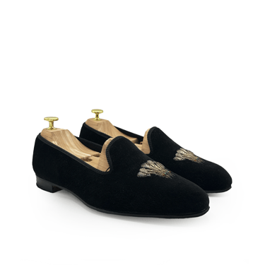 BLACK VELVET EMBROIDERED SLIPPERS MADE IN ENGLAND