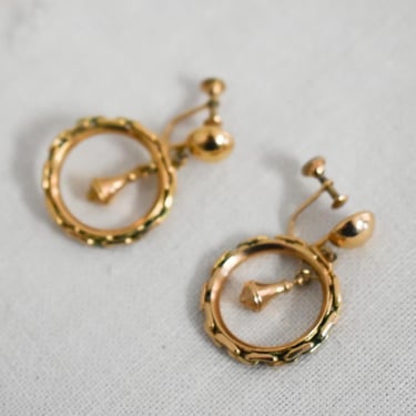 1950s Chain Link Gold Metal Dangle Hoop Earrings 