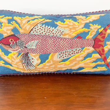 Large Rectangle Needlepoint and Silk Decorative Pillow. Blue Chinoiserie Embroidered Lumbar Pillow. 