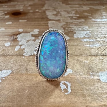 OPAL MOON BEAM Sterling Silver and Lab Opal Ring | Navajo Style Handmade Jewelry, Native American Southwestern | Size 8 