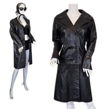 Double Breasted MOD 1960's Black Leather Trench Coat I Sz Med I London 