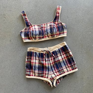 1950s Jantzen Two Piece Swimsuit / Vintage Plaid Cotton 2 Piece Bathing Suit / Jantzen 2 Pc Swimsuit Small 