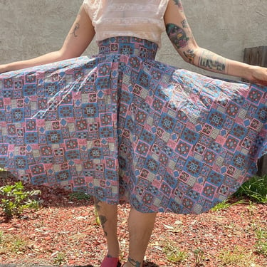 50s/60s pink and blue geometric circle skirt with structured waist 