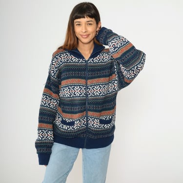 Y2K Fair Isle Cardigan Sweater Vintage Navy Blue Nordic Striped Knit Zip Up Sweater 00s Warm Winter Jacket Large L 