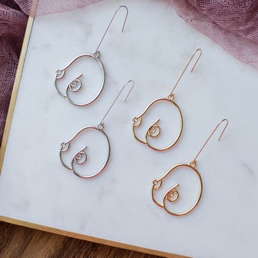 gold silver boob earrings, female figure earrings, charm drop earrings, modern feminist jewelry, gift for her, statement earrings 