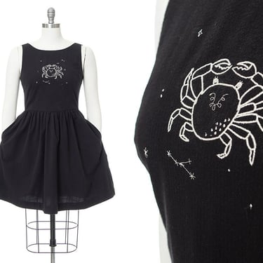 Vintage 1950s Style Sundress | Modern TUESDAY BASSEN Cancer Crab Astrology Sign Embroidered Black Cotton Dress w/ Pockets (small/medium) 