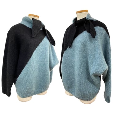 Vtg Vintage 1940s Avant Garde Color Block Dolman Sleeve Tie Neck Sweater 
