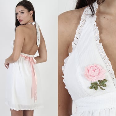 Sexy Open Back Halter Top Dress / Vintage 1970s Swiss Dot Rose Floral Mini Dress S/M 
