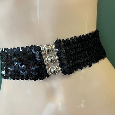 black sequin stretch belt 1970s disco elastic waspie small 