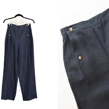 Vintage 1990s Claude Montana Linen Pants | S/M | 90s Navy Blue Wide Leg Slacks | Claude Montana for Ferrer Ysentis 