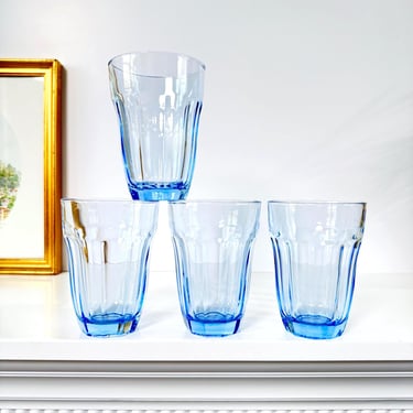 Vintage Sky Blue Tumbler Glass Set, Retro Kitchen Drinking Glasses, Pasabahce Set of 4 Panel Edge Glasses, Vintage Barware Gift for Him 