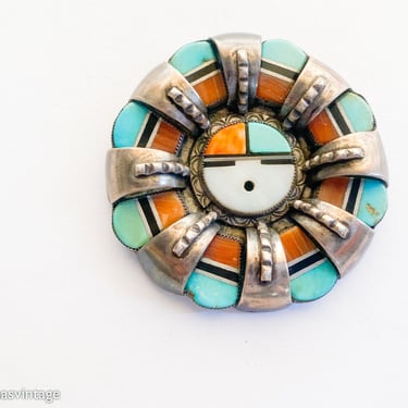 1940s Silver Turquoise Zuni Sun Pendent | 40s Sterling Silver Pendant | Stering Silver Brooch 