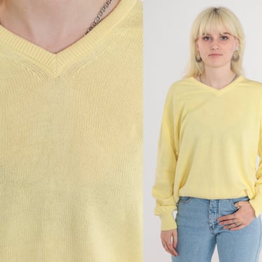 Pastel Yellow Sweater 80s V Neck Knit Pullover Sweater Slouchy Plain Basic Simple V-Neck Knitwear Cotton Spring Vintage 1980s Large L 44 