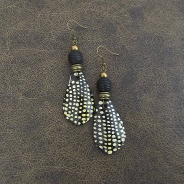 Painted bone horn earrings, African shield, Afrocentric earrings, ethnic earrings, batik print earrings, bold statement earrings, exotic 493 