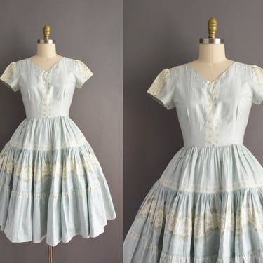 1950s dress | Mint Blue Polished Cotton Floral Print Sweeping Full Skirt Dress | Medium | 50s vintage dress 