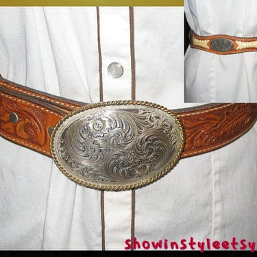 Vintage Western Circle Y Handmade Leather Cowgirl Belt, with Gold &amp; Silver Montana Silversmiths Buckle, Size 32 
