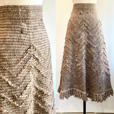 Cool 70s BOHO BLANKET Midi SKIRT / Fringe + Fiber Art Chevron Stitch 