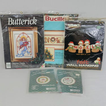 Lot of 5 Vintage Christmas Craft Kits - Counted Cross Stitch Kits, Noel Bear Wall Hanging Kit - Angel, Round Ornaments -Sealed 