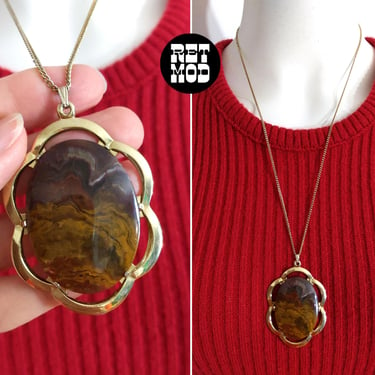 Lovely Vintage 70s Brown Marbled Pendant Necklace 