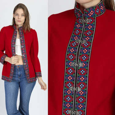 70s Danish Embroidered Red Wool Cardigan Jacket - Extra Small | Vintage Danico Model Metal Button Boho Winterwear 