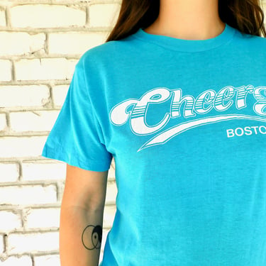 Cheers Tee // vintage 80s soft thin Boston cotton blend shirt boho t-shirt t boho tunic bar beer pub // S Small 