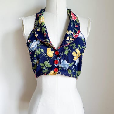 Vintage 1970s Navy Floral Halter Crop Top / Youth L / Women's XS-S 