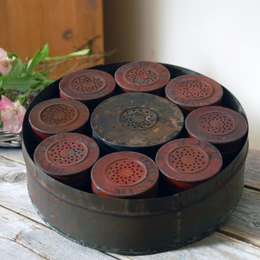 Antique spice box with 9 spice canisters / 1800s antique spice tins / primitive rustic spice keeper / vintage spice tins / rustic decor 
