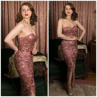 1950s Dress - Bombshell Fully Sequined and Beaded Vintage 50s French Made Strapless Starlet Worthy Gown Jacqueline Paris 